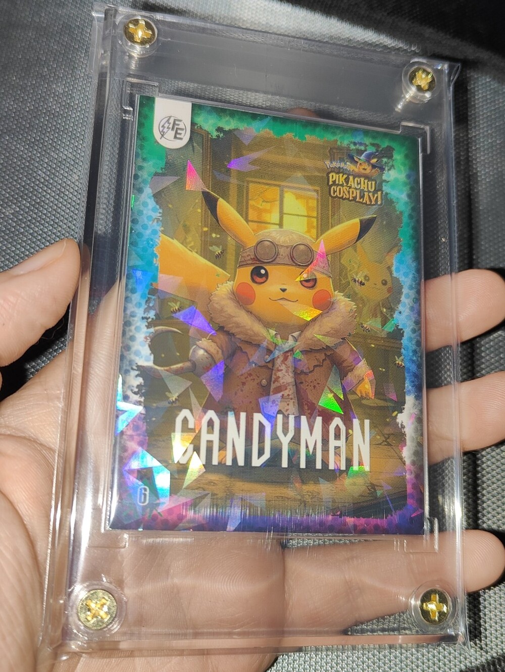 Candyman holo encased Pikachu Cosplay card Unofficial Pokemon Peru